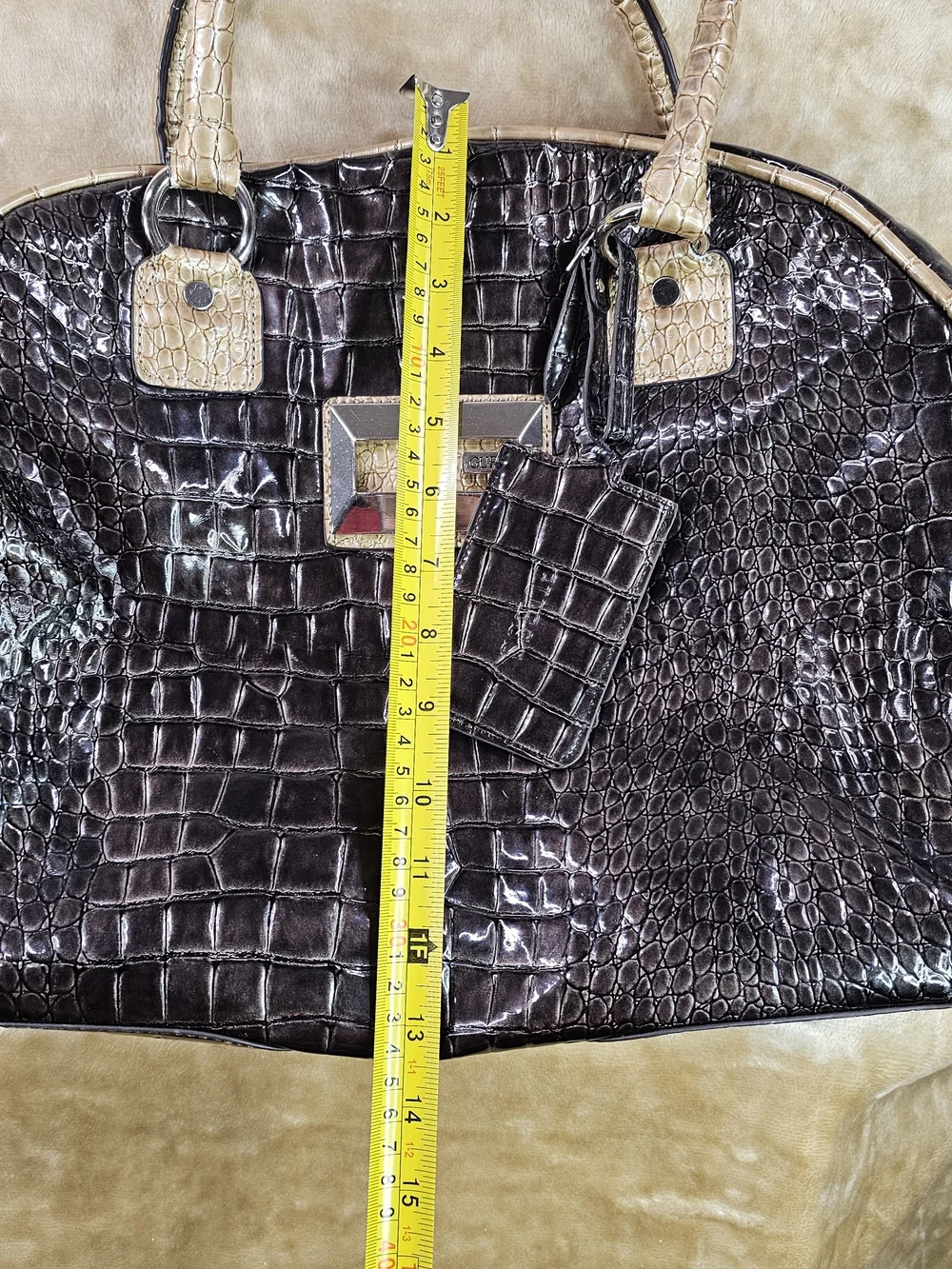 GUESS Metallic Black Croc-Embossed Tote and Satchel Set